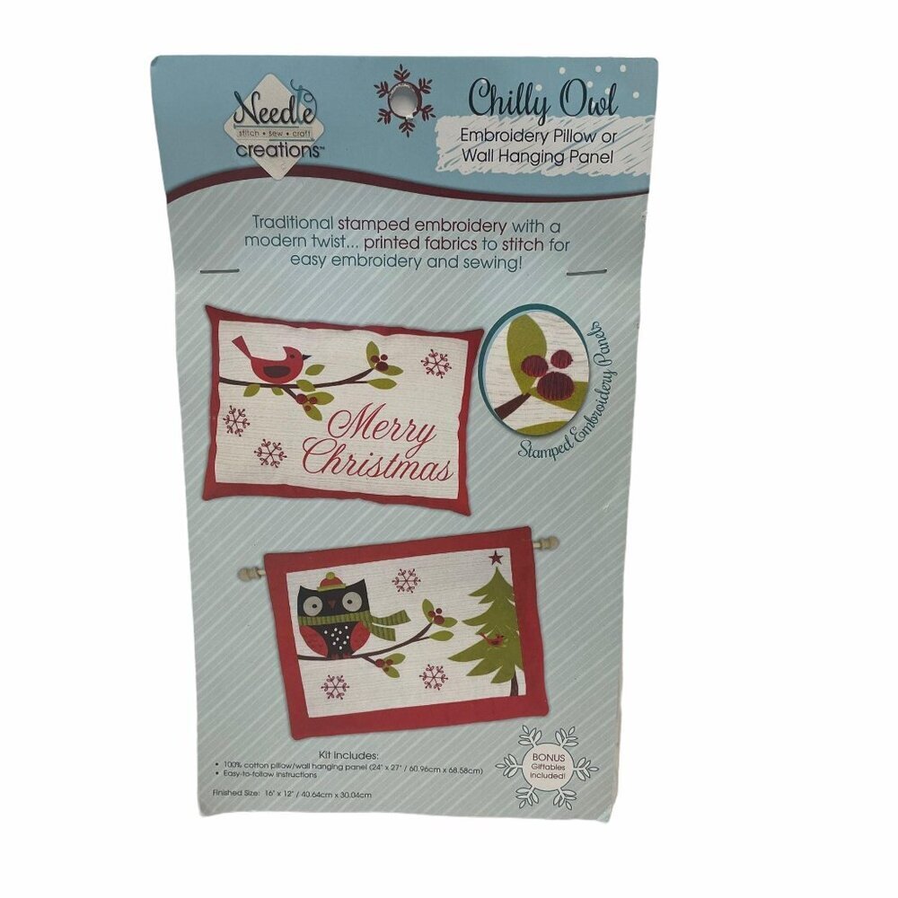 Chilly Owl or Cardinal Embroidery Pillow Wall Hanging Panel Kit Needle Creations